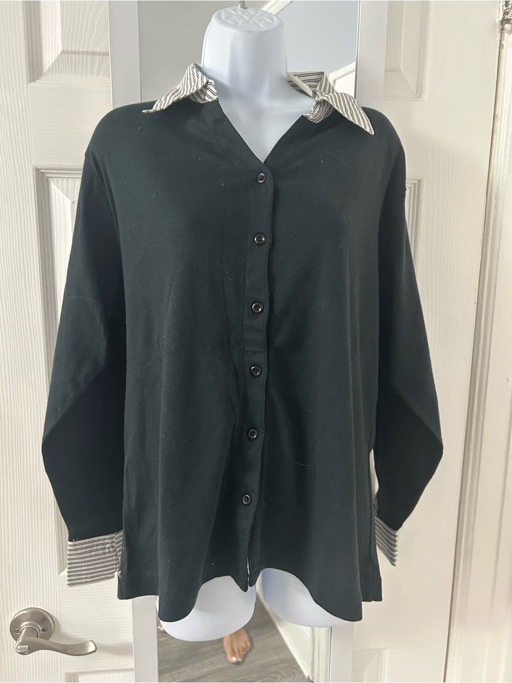 Apex Black Button-Down Shirt with Striped Collar and Cuff Trim